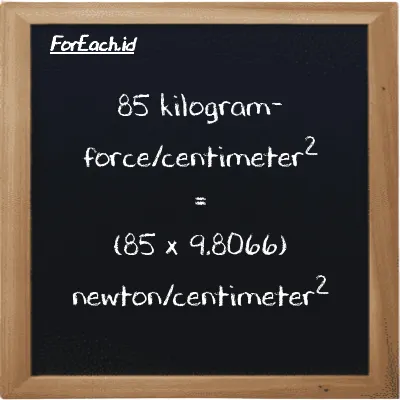 Cara konversi kilogram-force/centimeter<sup>2</sup> ke newton/centimeter<sup>2</sup> (kgf/cm<sup>2</sup> ke N/cm<sup>2</sup>): 85 kilogram-force/centimeter<sup>2</sup> (kgf/cm<sup>2</sup>) setara dengan 85 dikalikan dengan 9.8066 newton/centimeter<sup>2</sup> (N/cm<sup>2</sup>)